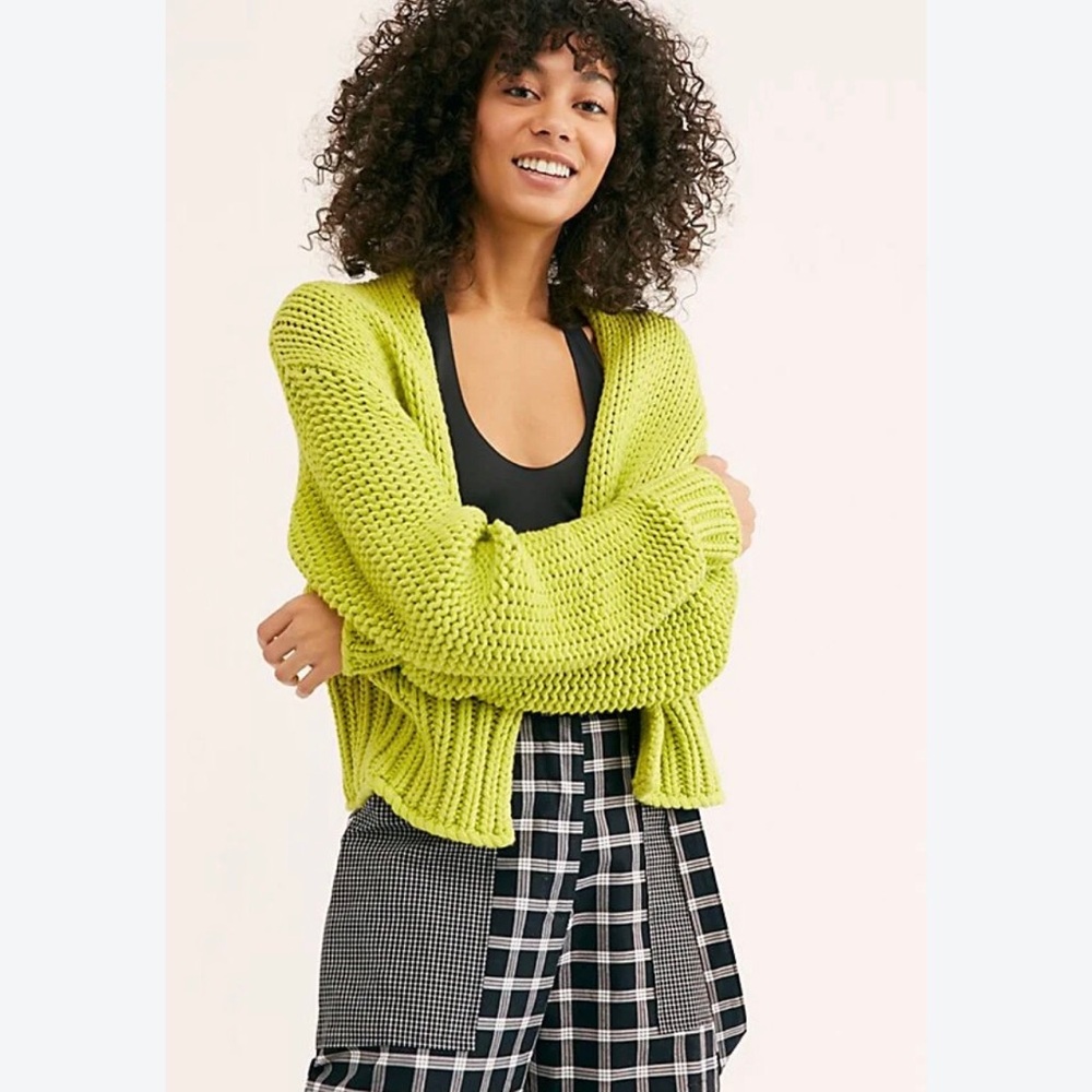 aerie Chunky Cardigan Lime Green Cropped Open Knit Casual Oversized